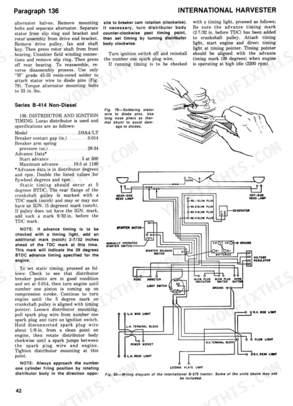International Harvester B-275, B-414, B-354, B-364, B-384, B-424, B-444, B-2424, B-2444 ignition timing specs and wiring diagram.