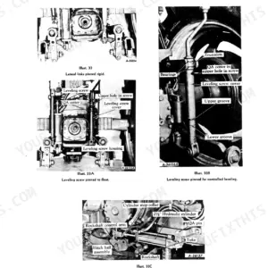 International Harvester Farmall 300, Farmall 300 Hi-Clear: diagrams of hitch leveling screws and hydraulic cylinder.