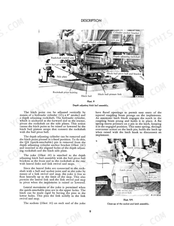 International Harvester Farmall 300, Farmall 300 Hi-Clear depth adjusting hitch bail and latch assembly diagrams.
