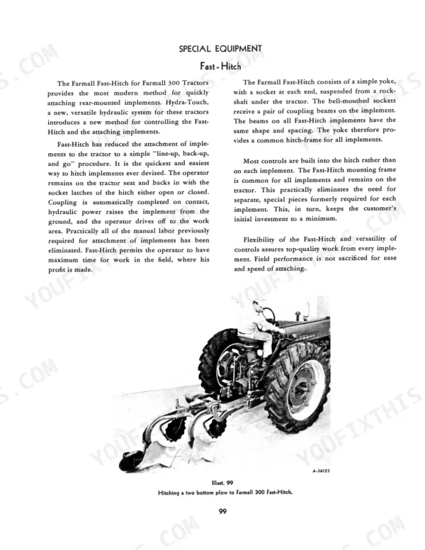 International Harvester Farmall 300, Farmall 300 Hi-Clear Fast-Hitch operating instructions and plow hitching photo.