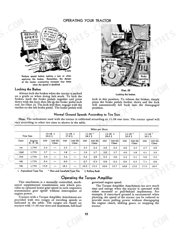 International Harvester Farmall 300, Farmall 300 Hi-Clear brake locking procedure and ground speed table by tire size.