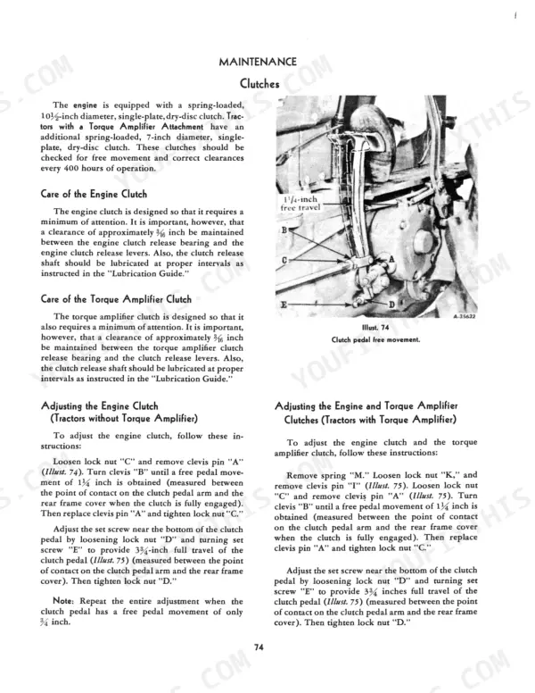International Harvester Farmall 300, Farmall 300 Hi-Clear clutch maintenance and pedal adjustment procedures diagram.