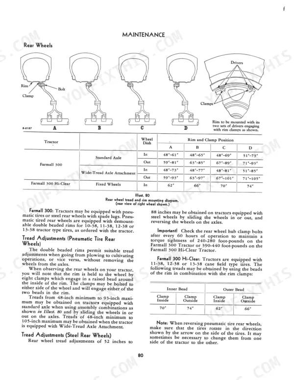 International Harvester Farmall 300, Farmall 300 Hi-Clear rear wheel tread adjustment diagram and specification table.