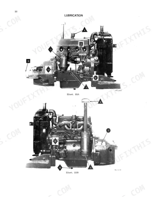 International Harvester T-4, T-5 Crawler Tractor engine lubrication points diagram showing numbered components.