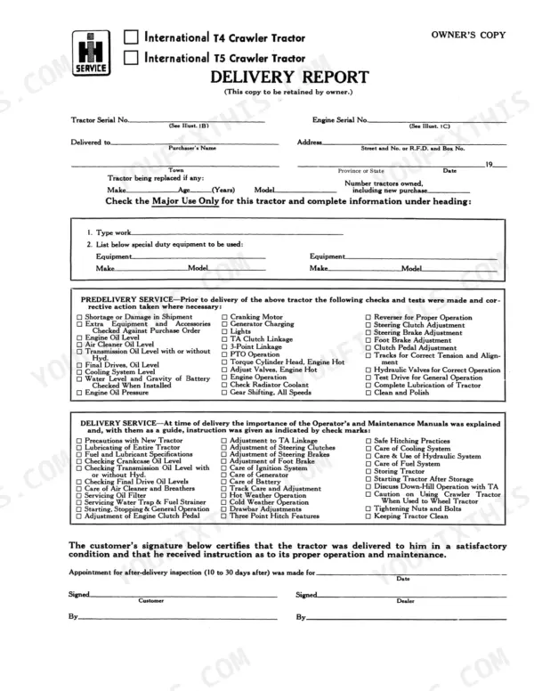 International Harvester T-4, T-5 Crawler Tractor Delivery Report form