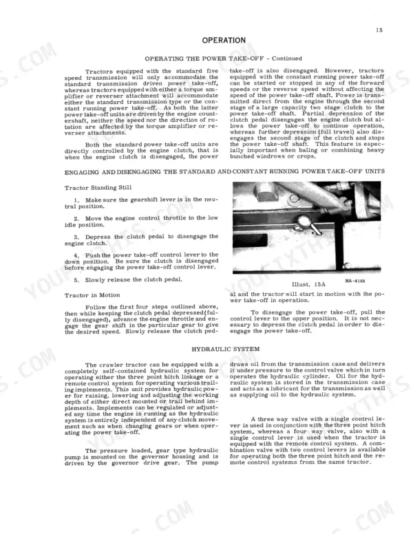 International Harvester T-4, T-5 Crawler Tractor operation manual page covering power take-off and hydraulic system.