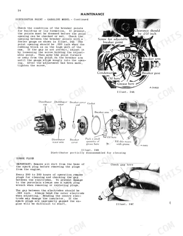 International Harvester T-4, T-5, TD-5 distributor point adjustment, cleaning, and spark plug gap maintenance procedures.