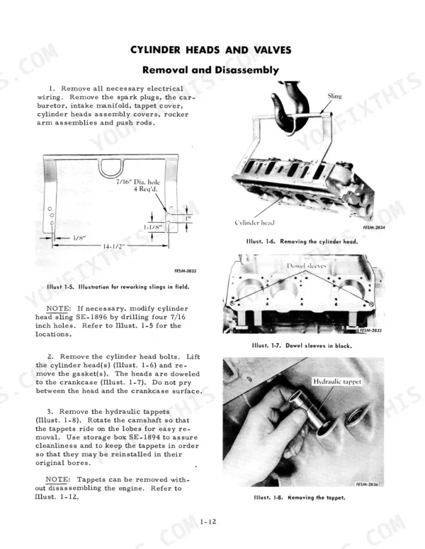 International Harvester V-304, V-345, V-392 cylinder head and valve removal and disassembly procedures with diagrams.