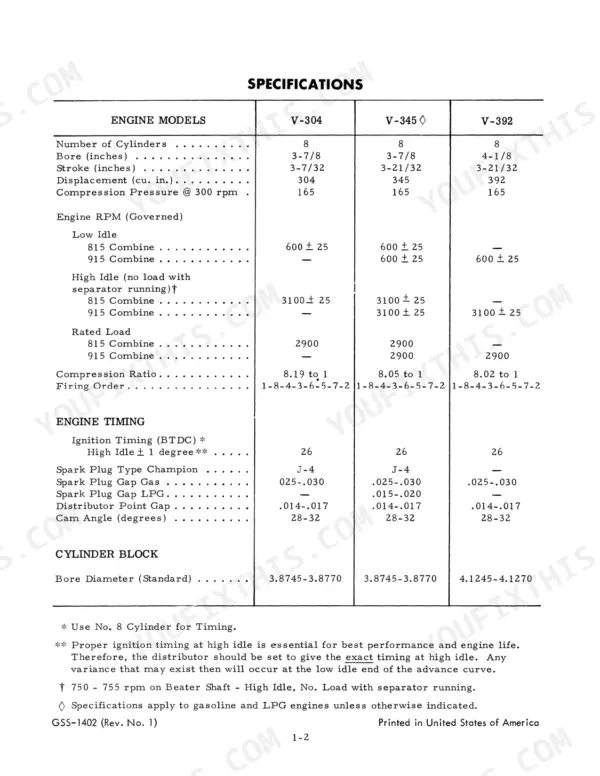 International Harvester V-304, V-345, V-392 engine specifications table including bore, stroke, and ignition timing.