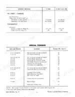 International Harvester V-304, V-345, V-392 oil pressure, thermostat specs, and special torque settings table.
