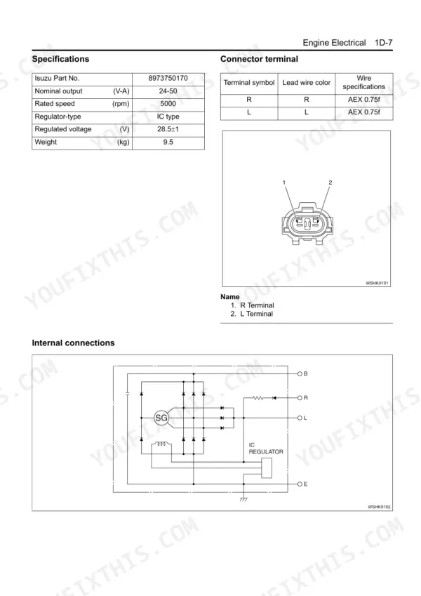 Isuzu 4HK1-6HK1 alternator specifications, connector terminal pinout diagram, and internal electrical circuit schematic.