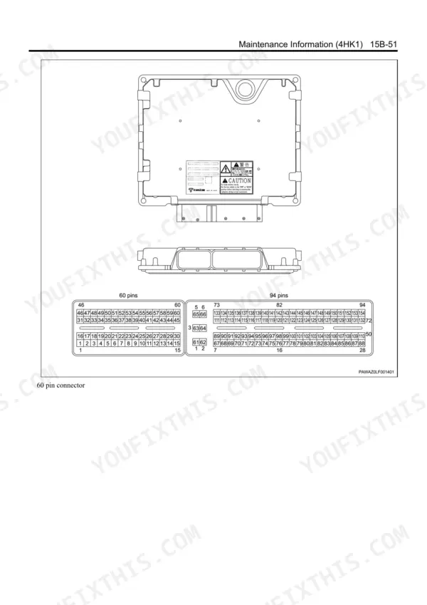 Isuzu 4HK1, DIESEL ENGINE 4HK1, ECM module diagram showing 60-pin and 94-pin connector terminal pinout assignments.
