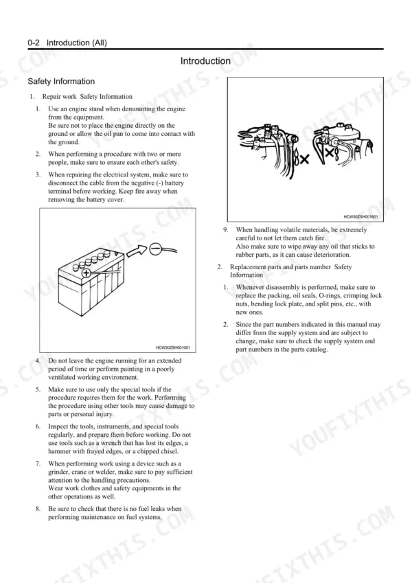 Isuzu 4HK1, DIESEL ENGINE 4HK1, safety information page with battery disconnection and engine handling diagrams.