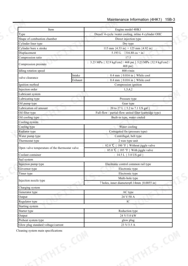 Isuzu 4HK1, DIESEL ENGINE 4HK1 maintenance specifications table including engine, lubrication, cooling, and fuel system data.