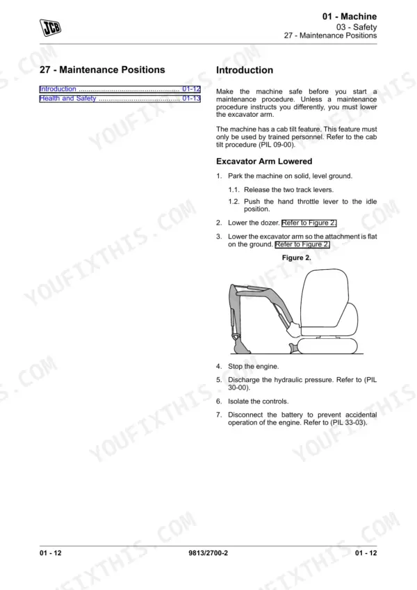 JCB 100 C-1, 85 Z-1, 86 C-1, 90 Z-1 service manual page for excavator arm lowered maintenance safety procedure.