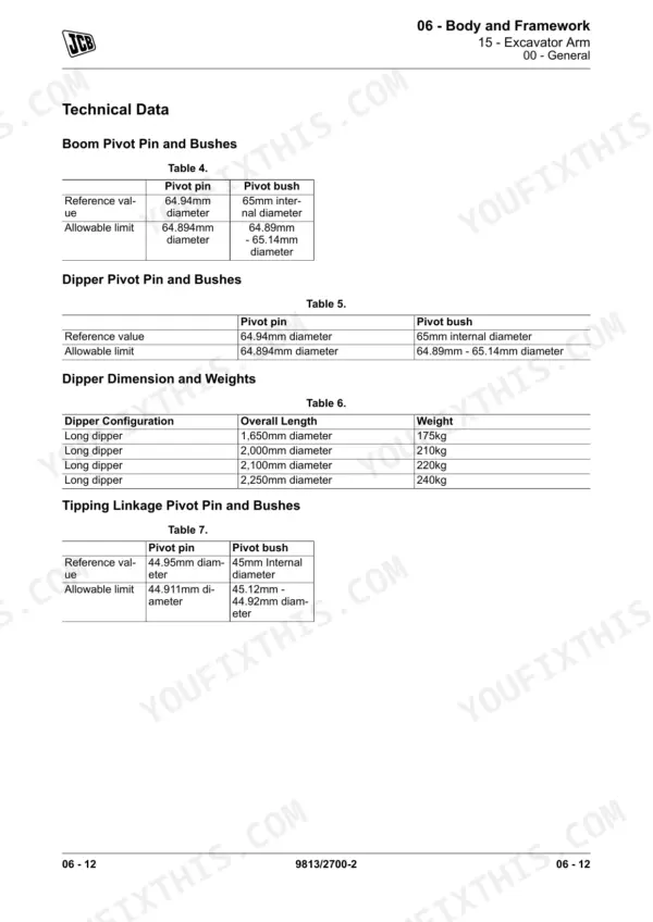 JCB 100 C-1, 85 Z-1, 86 C-1, 90 Z-1 technical data tables for excavator arm pivot pins, bushes, and dipper weights.