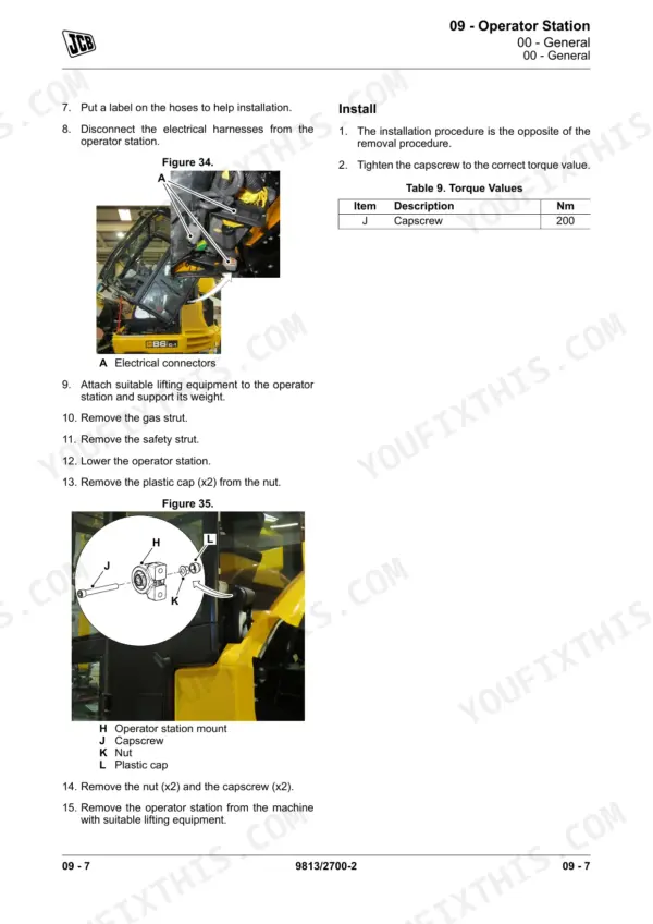 JCB 100 C-1, 85 Z-1, 86 C-1, 90 Z-1 operator station removal and installation procedure with torque values table.
