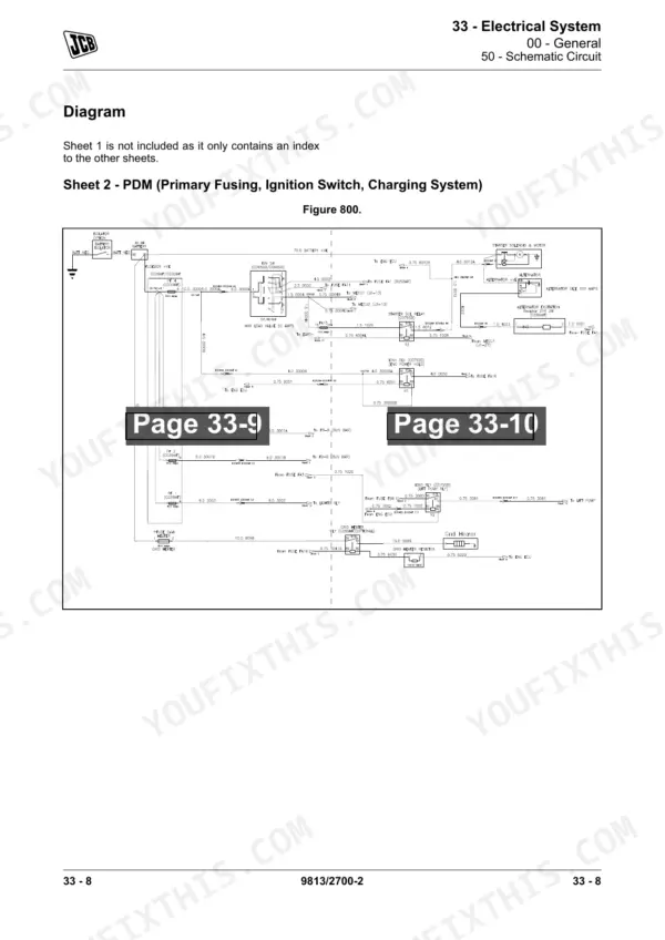 JCB 100 C-1, 85 Z-1, 86 C-1, 90 Z-1 electrical schematic for PDM, ignition switch, and charging system circuits.