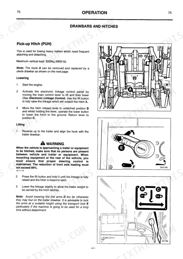 JCB 1115S, 1125, 1135 pick-up hitch operation procedures, diagrams of hitch components, release lever, and control panel.