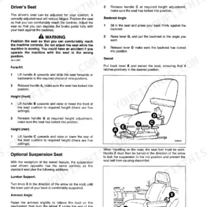 JCB 1115S, 1125, 1135 operator manual page showing driver seat adjustment procedures, controls, and seat diagrams.