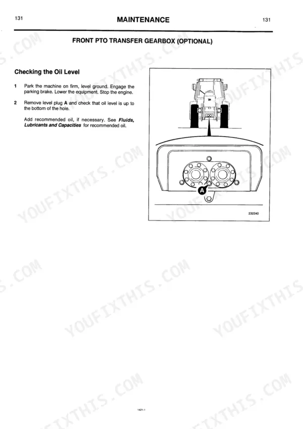 JCB 1115S, 1125, 1135 maintenance procedure for checking front PTO transfer gearbox oil level using plug A.