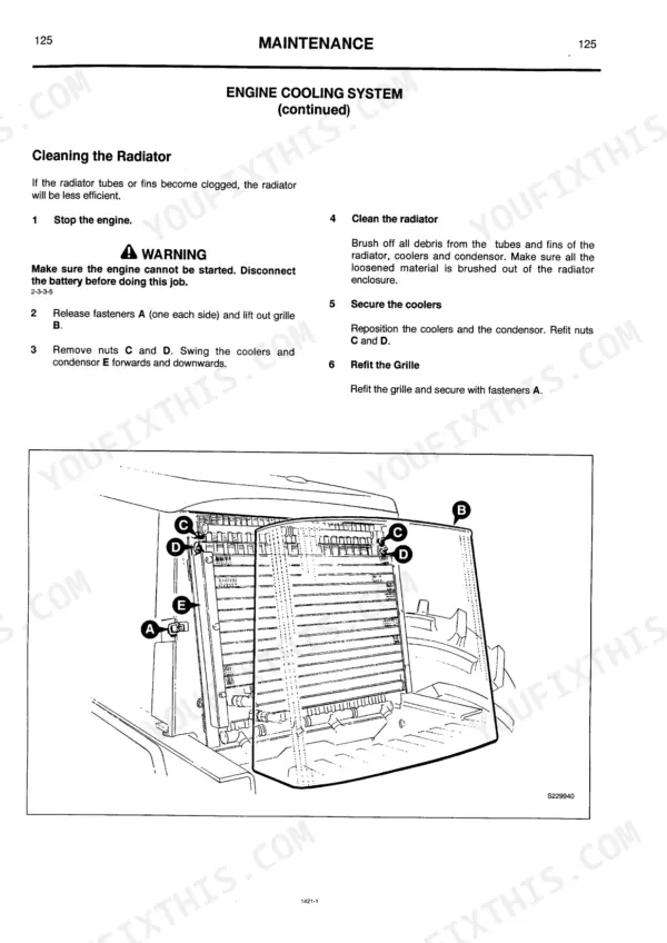 JCB 1115S, 1125, 1135 maintenance manual page showing engine cooling system radiator cleaning procedure and component diagram.