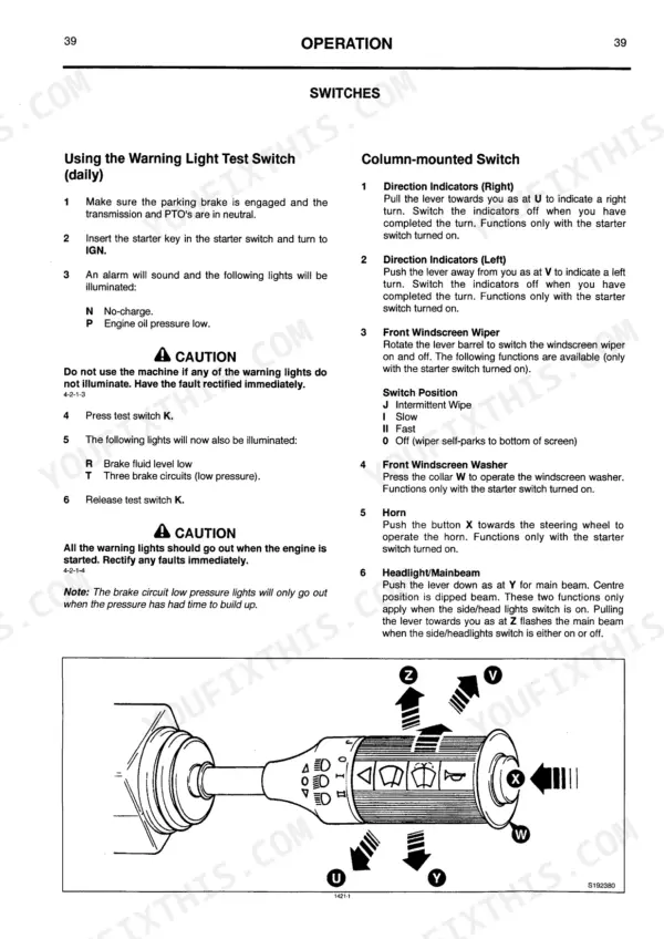JCB 1115S, 1125, 1135 operation manual: warning light test switch procedure and column-mounted switch controls diagram.