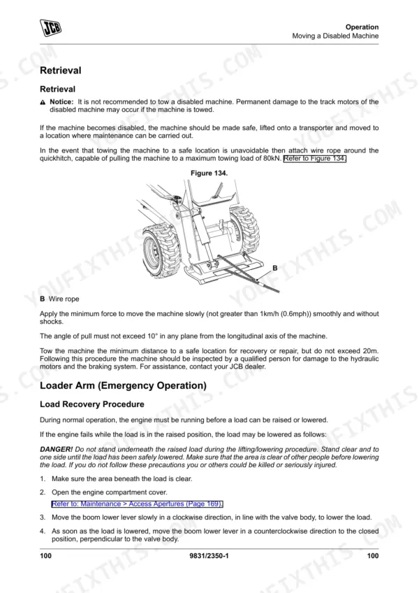 JCB 135, 155, 175, 190, 205 manual page showing disabled machine retrieval and emergency loader arm recovery procedures.