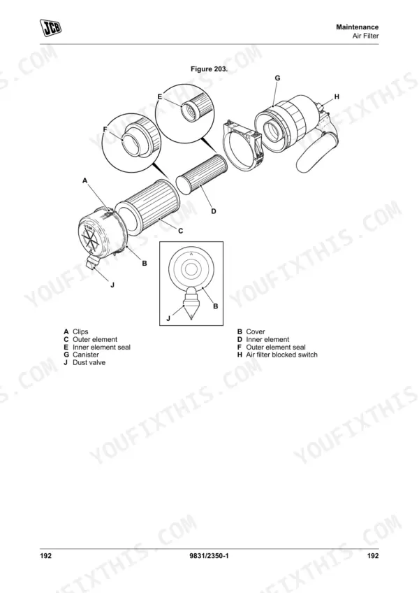 JCB 135, 155, 175, 190, 205 exploded view diagram of the air filter assembly, showing elements, seals, and canister.