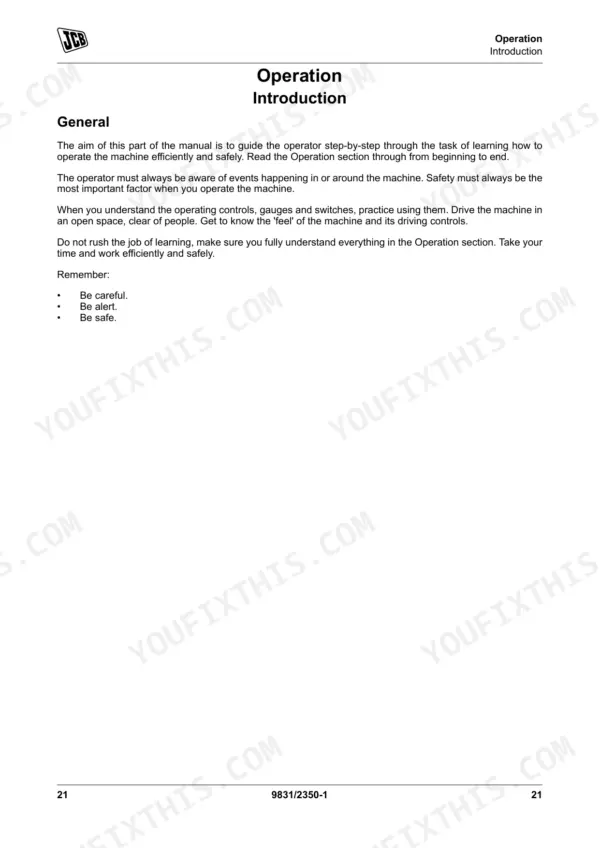 JCB 135, 155, 175, 190, 205 operation manual introduction page covering general safety and operating guidelines.