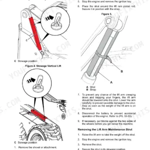 JCB 135, 155, 175, 190, 205 lift arm maintenance strut installation and removal safety procedures diagram.