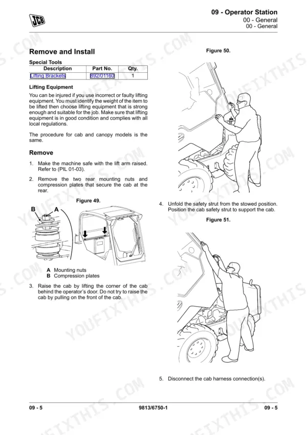 JCB 135, 155, 175, 190, 205 service manual procedure for removing and installing the operator station cab.