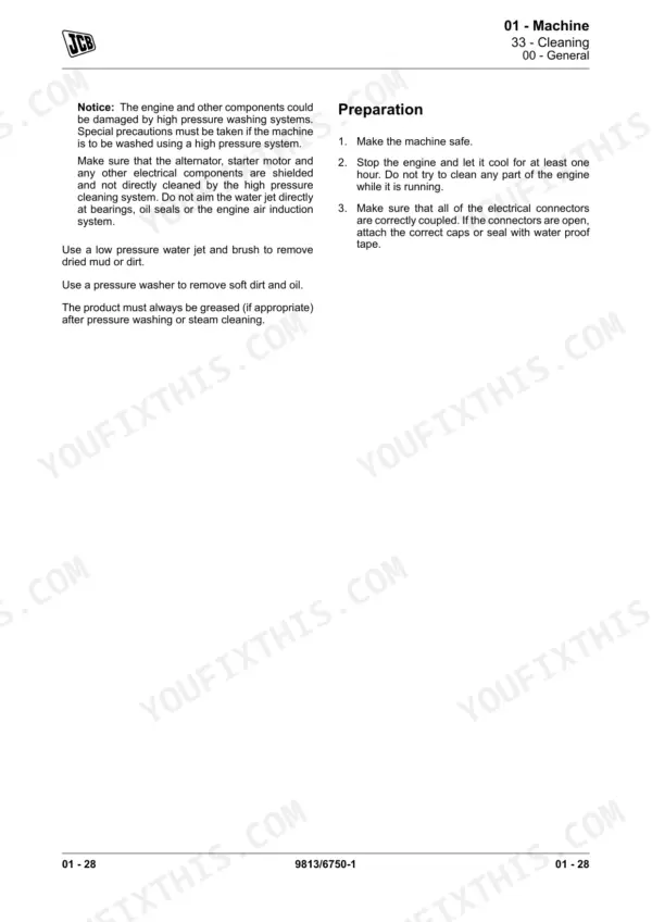 JCB 135, 155, 175, 190, 205 service manual page detailing machine cleaning preparation and pressure washing procedures.