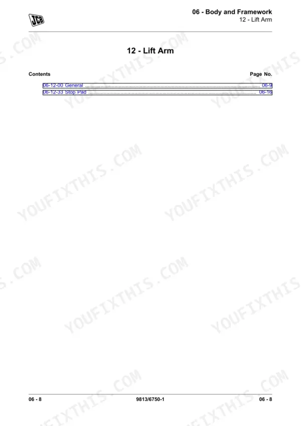 JCB 135, 155, 175, 190, 205 service manual table of contents for section 12 Lift Arm, including General and Stop Pad.
