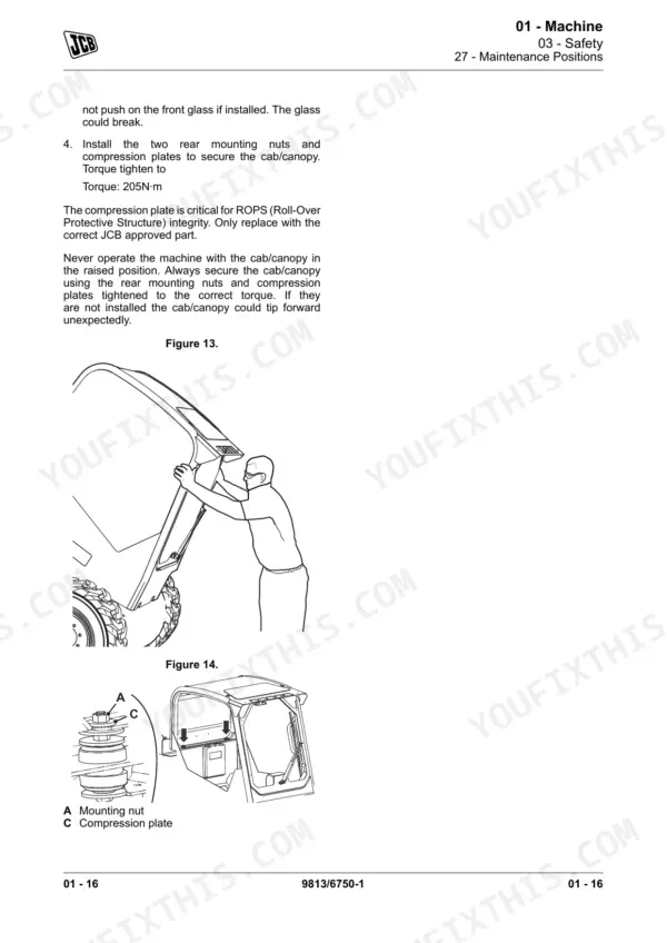 JCB 135, 155, 175, 190, 205 cab canopy maintenance procedure, showing ROPS mounting nut torque specs and safety diagrams.