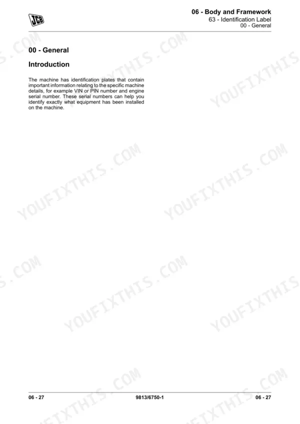JCB 135, 155, 175, 190, 205 service manual page for identification label general introduction and VIN/PIN details.