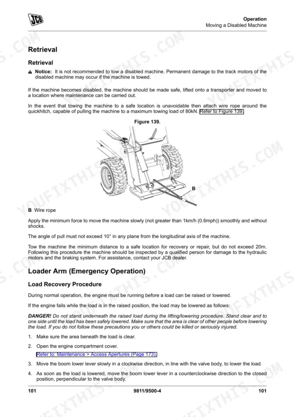 JCB 135, 150T, 155, 175, 190, 190T, 205, 205T manual: diagram for retrieving a disabled machine and emergency load recovery procedure.