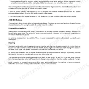 JCB 135, 150T, 155, 175, 190, 190T, 205, 205T manual page explaining drive controls, ISO pattern, and joystick operation.