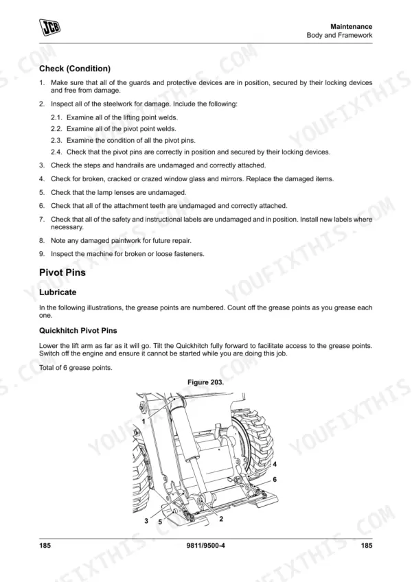JCB 135, 150T, 155, 175, 190, 190T, 205, 205T maintenance guide for body, framework, and quickhitch pivot pin lubrication.