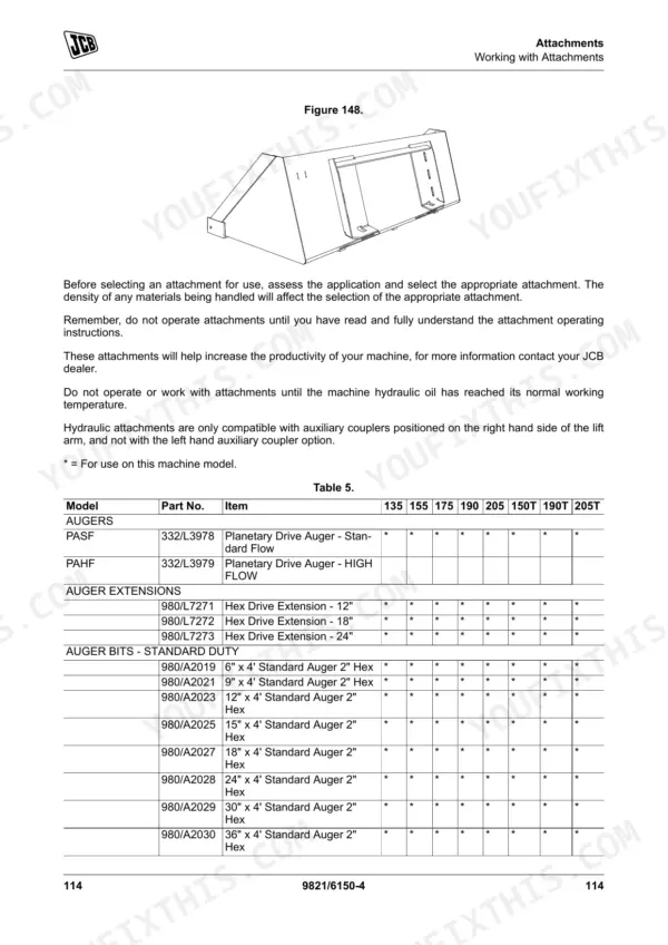 JCB 135, 150T, 155, 175, 190, 190T, 205, 205T attachment guide showing auger parts list, bits, and extension compatibility table.