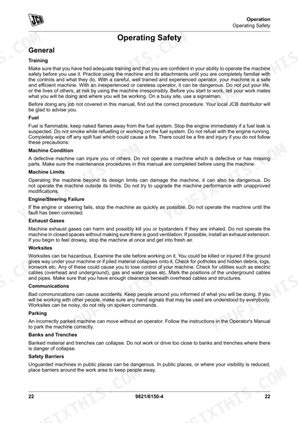 JCB 135, 150T, 155, 175, 190, 190T, 205, 205T operator manual page covering general operating safety procedures.