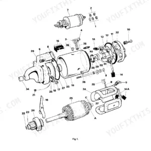 JCB 135, 155, 175, 190, 205, 150T, 190T, 205T Skid Steer exploded view diagram of starter motor dismantling and assembly.