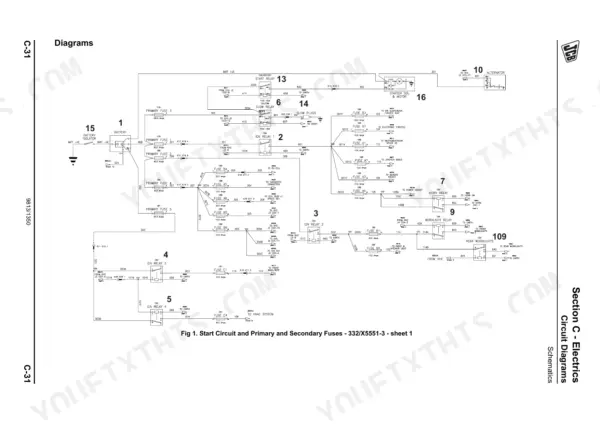 JCB 135, 155, 175, 190, 205, 150T, 190T, 205T Skid Steer electrical schematic showing start circuit and fuse layout.