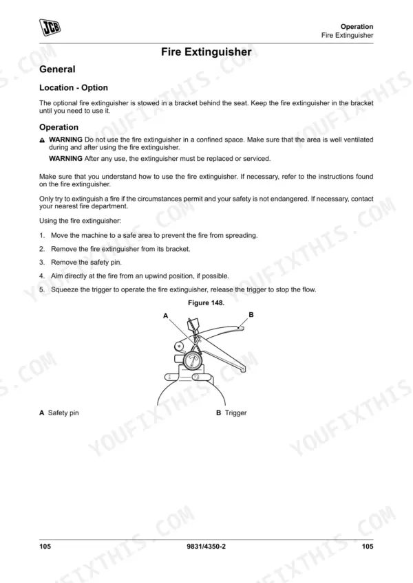 JCB 135, 150T, 155, 175, 190T, 205T, 210, 215 fire extinguisher operation procedure and safety diagram.