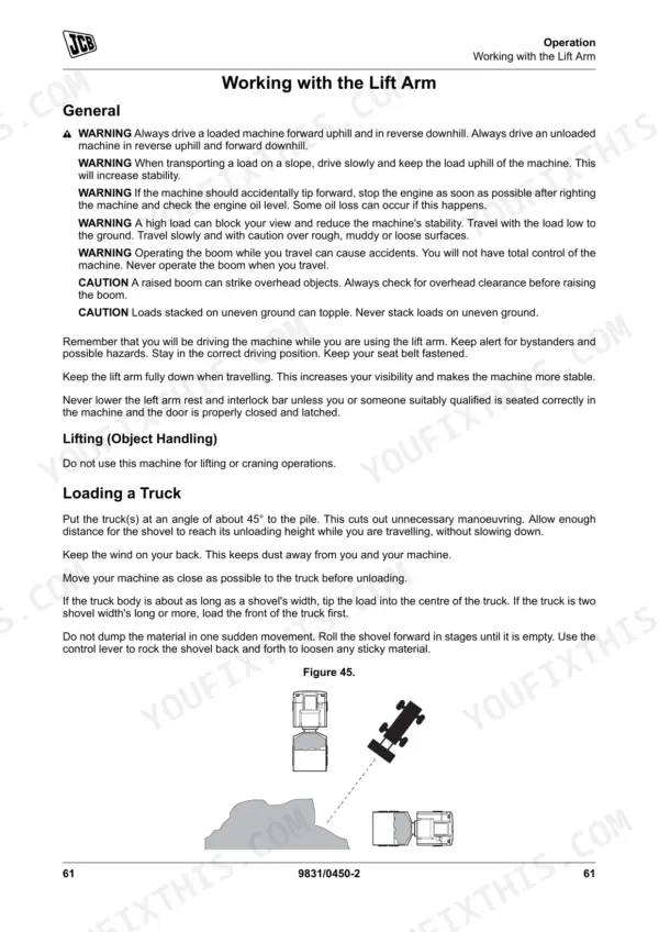 JCB 135 HD, 155 HD operation manual page for working with the lift arm, safety warnings, and truck loading diagram.