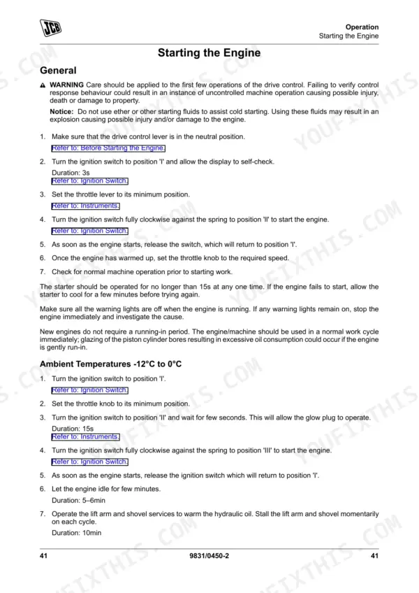 JCB 135 HD, 155 HD operator manual page detailing engine starting procedures for normal and cold ambient temperatures.