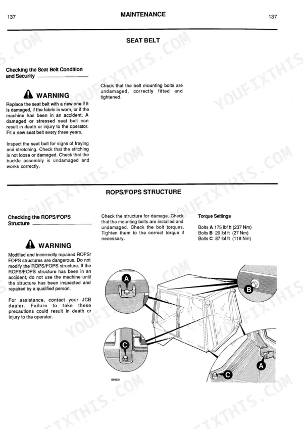 JCB 1400B, 1550B, 1600B, 1700B maintenance: seat belt inspection and ROPS/FOPS structure bolt torque settings diagram.