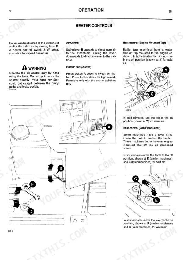 JCB 1400B (Centremount), 1400B (Sideshift), SITEMASTER, 1550B, 1600B, 1700B heater controls operation and adjustment diagrams.