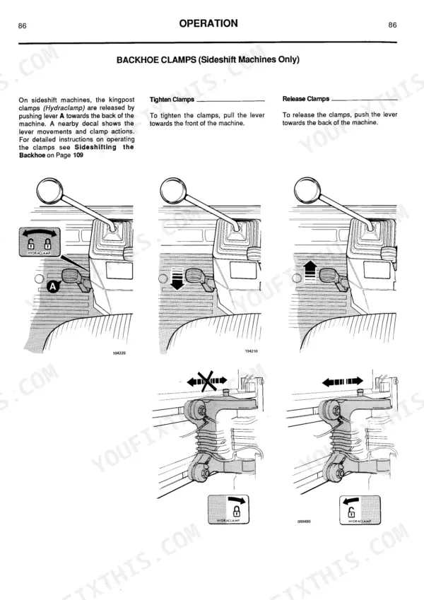 JCB 1400B (Centremount), 1400B (Sideshift), SITEMASTER, 1550B, 1600B, 1700B operation manual: Backhoe Hydraclamp lever procedures.