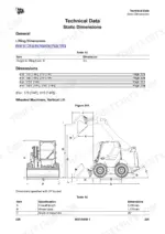 jcb-150t-to-215t-skidsteer-loader-operator-manual-9831-5450-specs-237.webp JCB 150T, 155, 175, 210, 210T, 215, 215T static dimensions diagram and table for wheeled vertical lift skid steer.